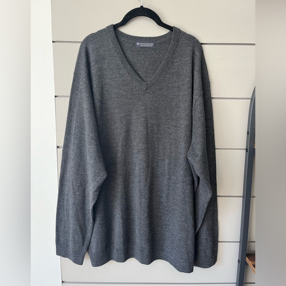 Hart Schaffnet Marx Extra Fine Merino Wool Sweater Grey V-Neck Mens‎ EUC